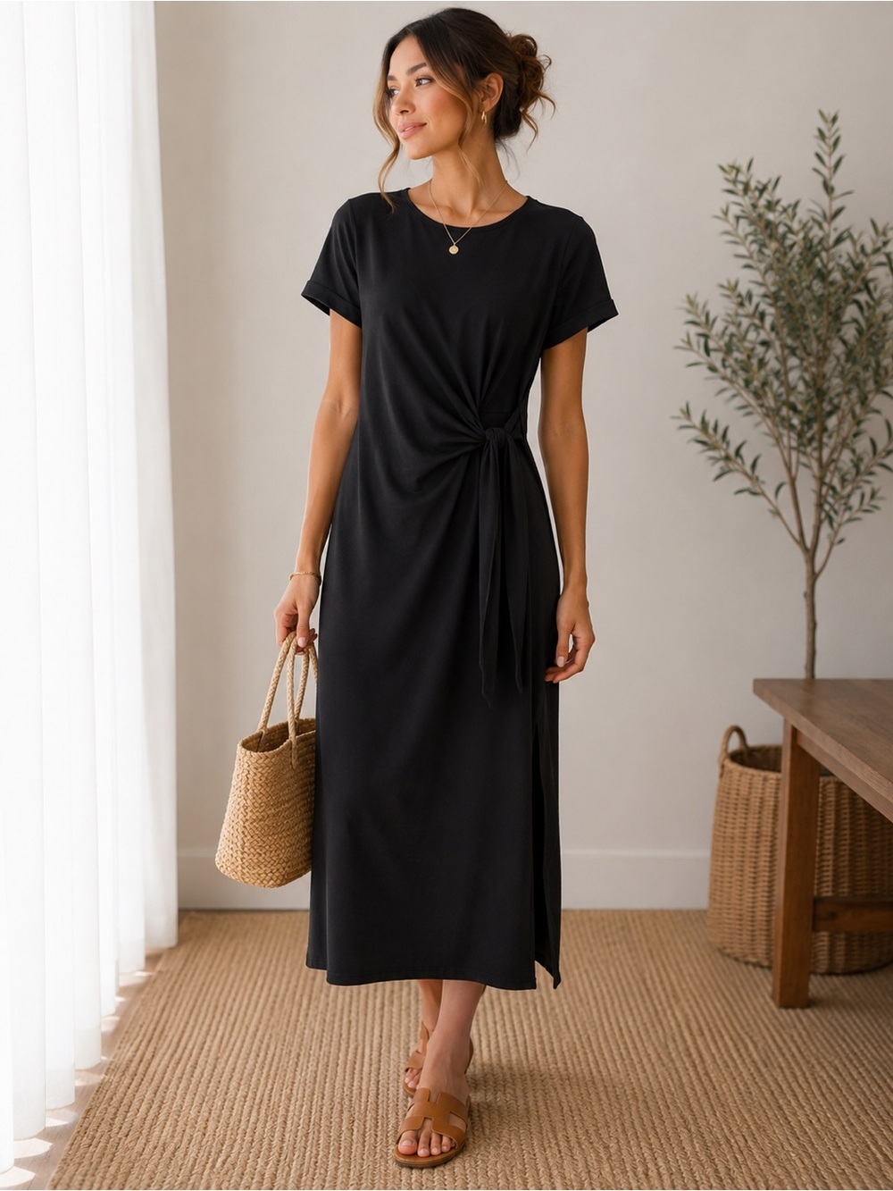 Anrabess Women’s Black Side Tie Midi Dress. Size: Large